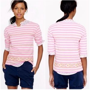 J. Crew | Pink Striped Tribal Embroidery Short Sleeve Blouse | Size Small